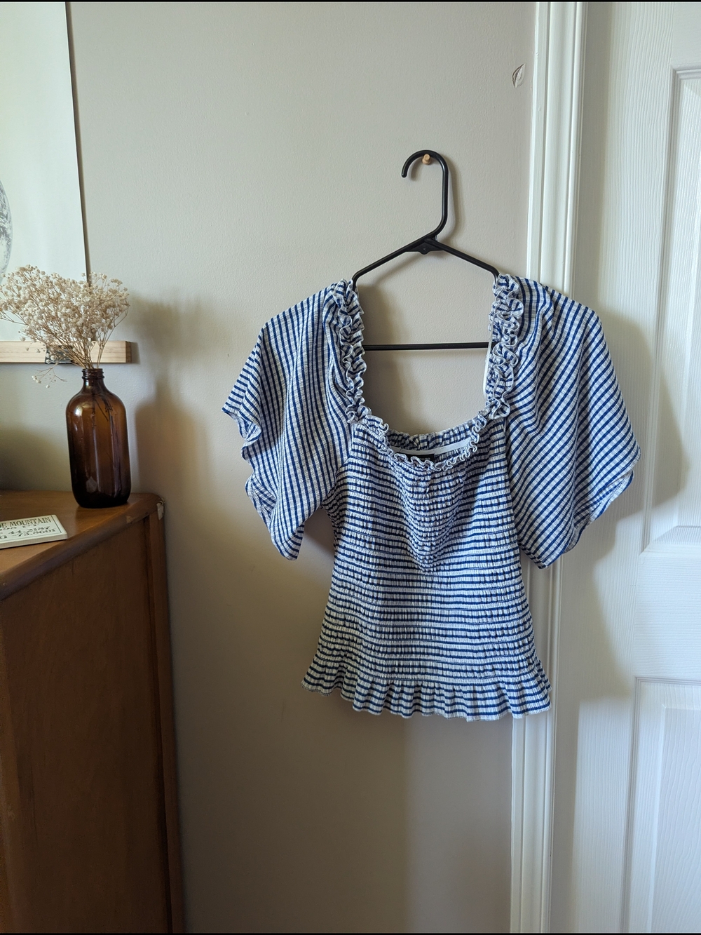 Cable & Gauge Blue and White Striped Ruffle Square-Neck Blouse
